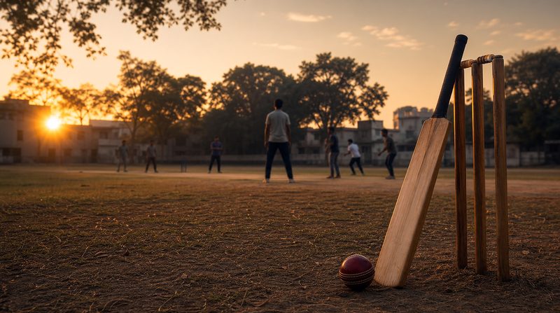 A small group playing cricket on a neighbourhood ground at sunset, a bat and stumps in the foreground