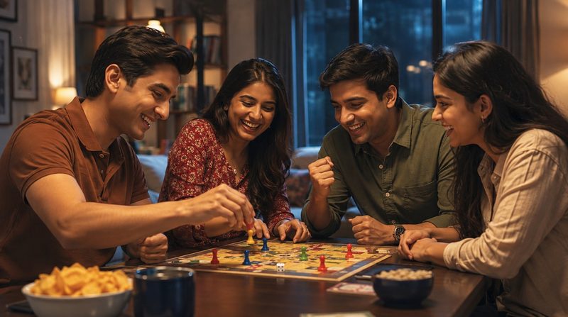 Four friends laughing over a game of Ludo at a home table, snacks beside the board