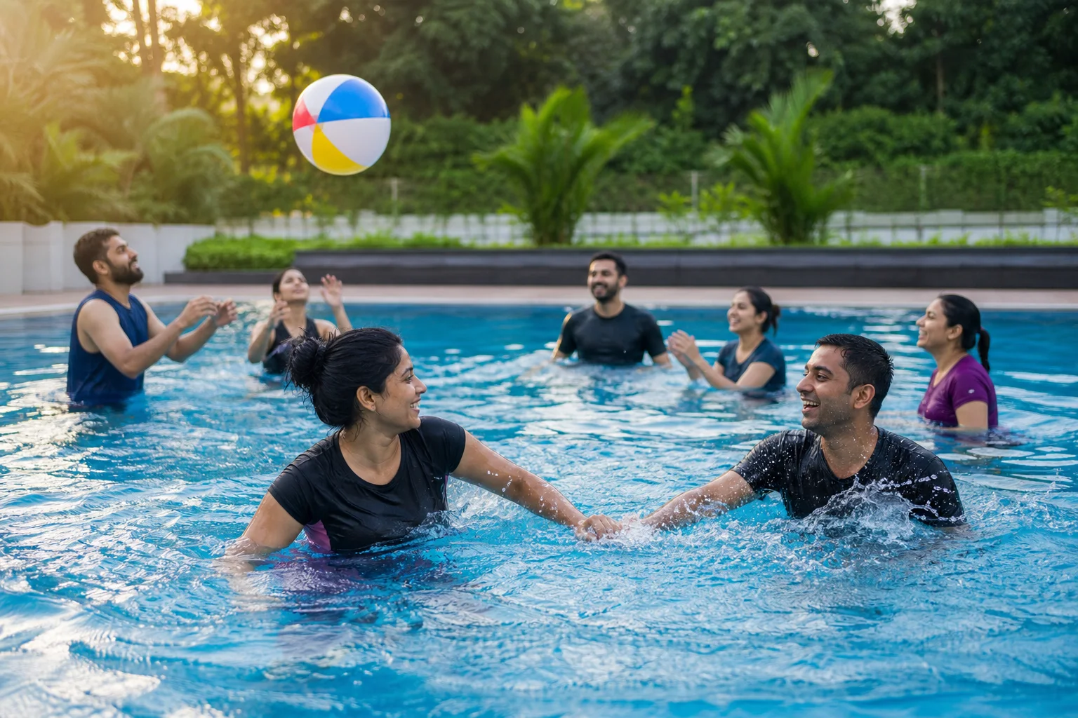 A mixed group of adults playing with a ball at a pool social