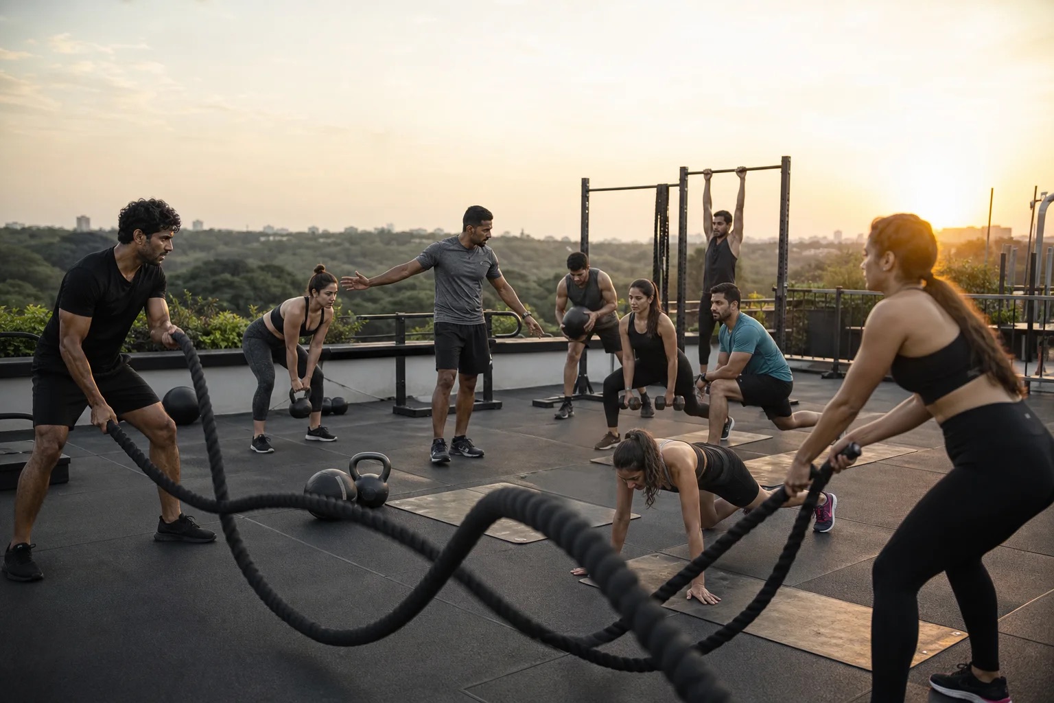 A group of people training and exercising together outdoors in a sunny park