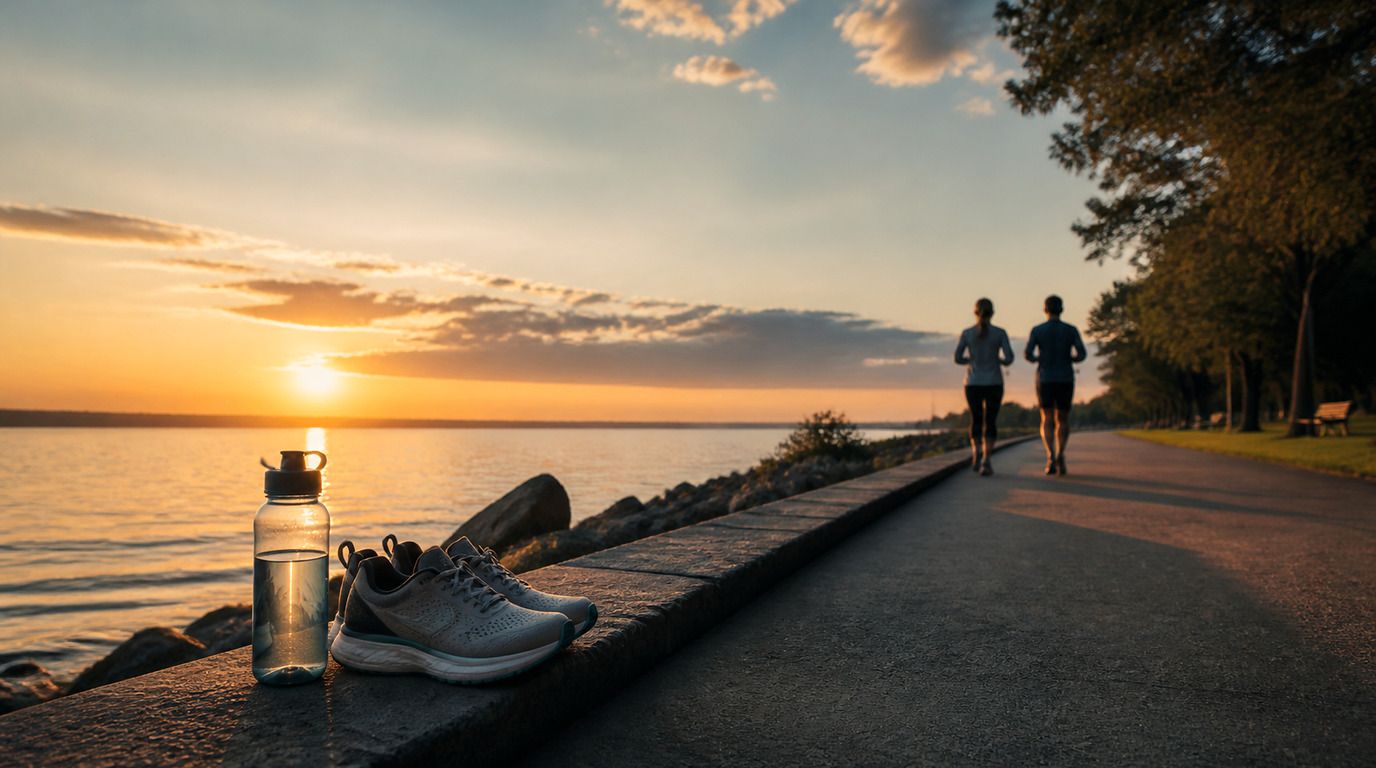 Two runners on a lakeside path at sunrise, a water bottle and running shoes in the foreground